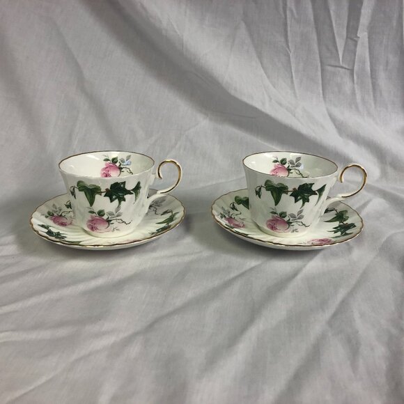 Allyn Nelson Fine Bone China England Cup & Saucer Sets Pink Roses & Ivy - Picture 1 of 14